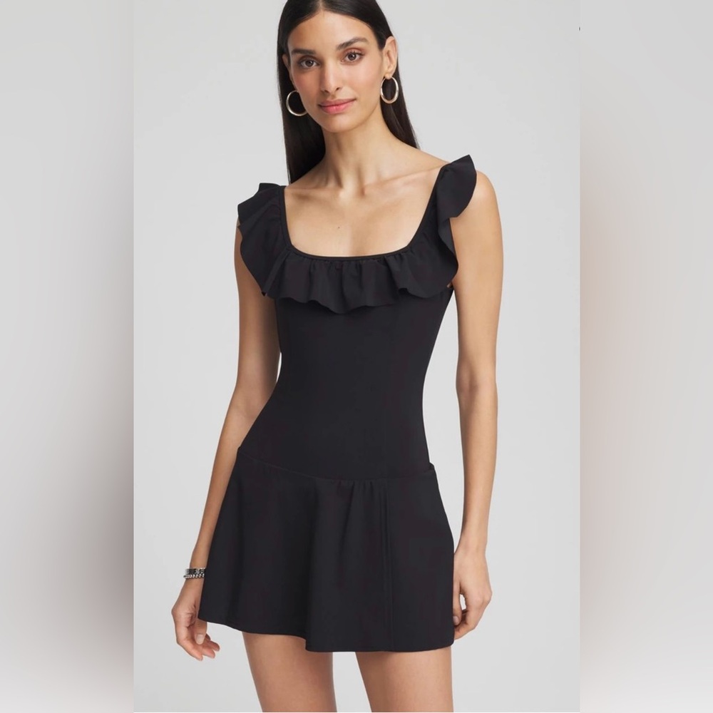 🍹Chico's Gottex⛱️ Black Ruffle Scoop Neck One-Piece Swimdress with Flounce Skirt